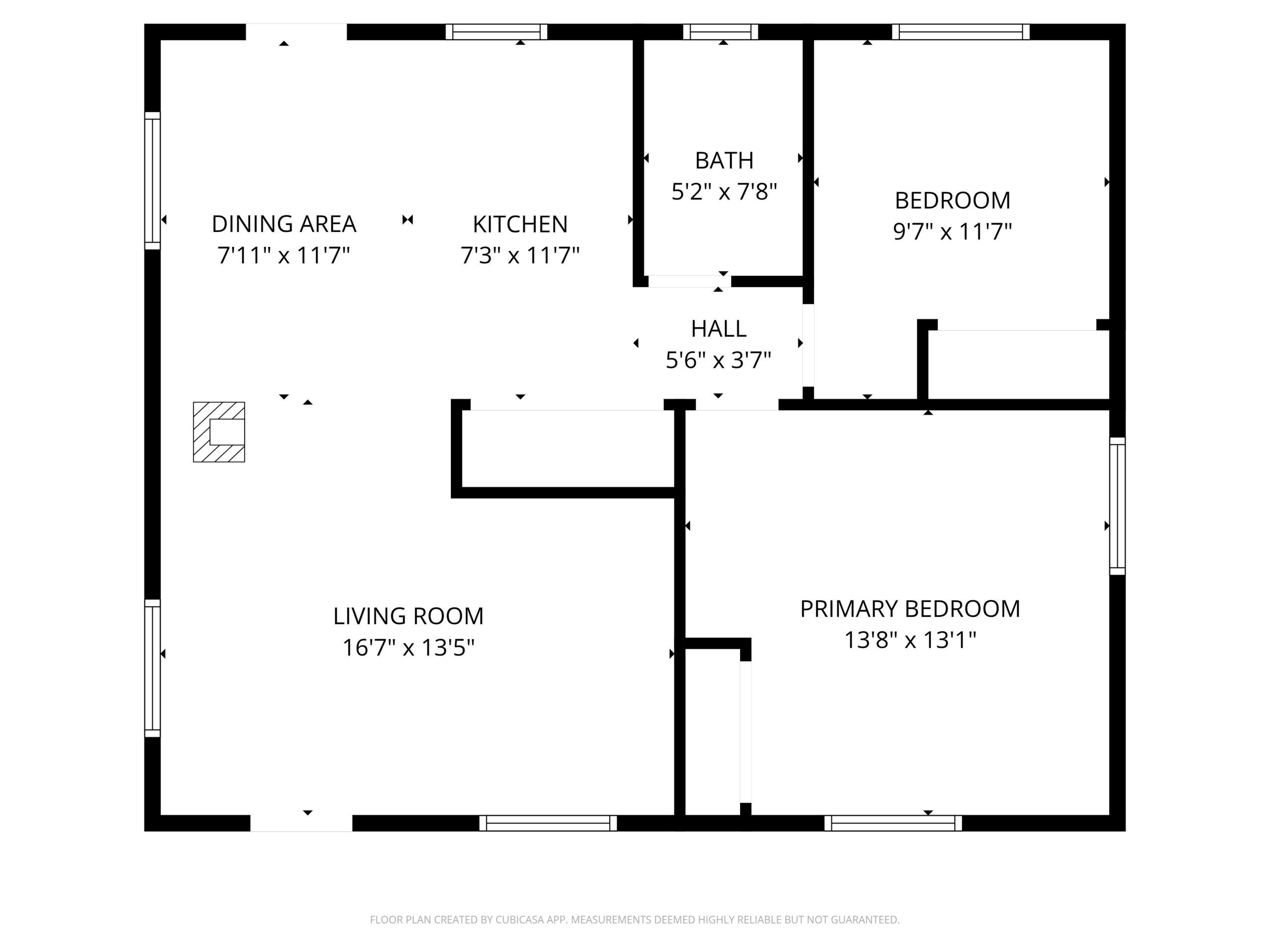 Floor plan layout showcasing living room, dining area, kitchen, primary bedroom, additional bedroom, and bathroom with dimensions.